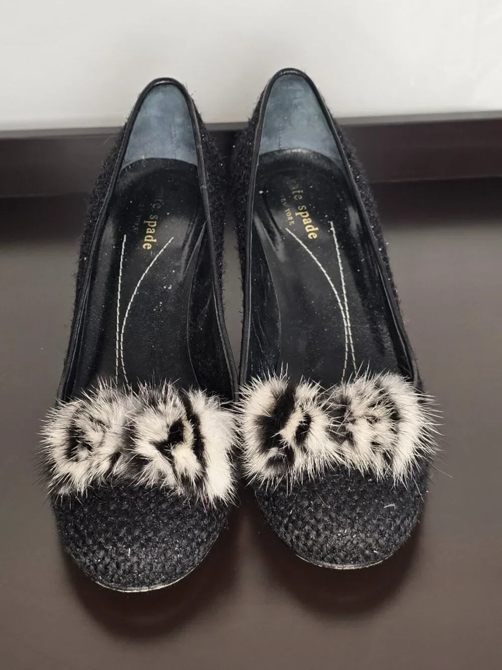 Kate Spade Black Tweed Justina Kitten Heels Striped Bow Size 7